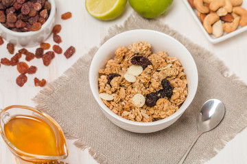 Granola, honey, nuts and raisins