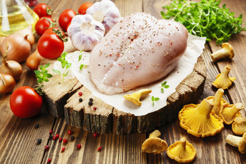 Chicken meat with vegetables and chanterelles