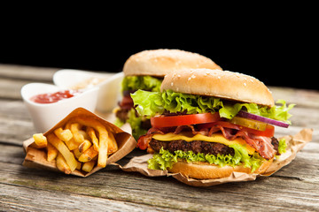 Delicious hamburger and fries