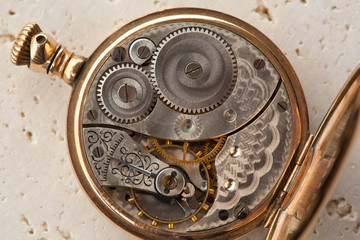 Gears and mainspring in the mechanism of a pocket watch