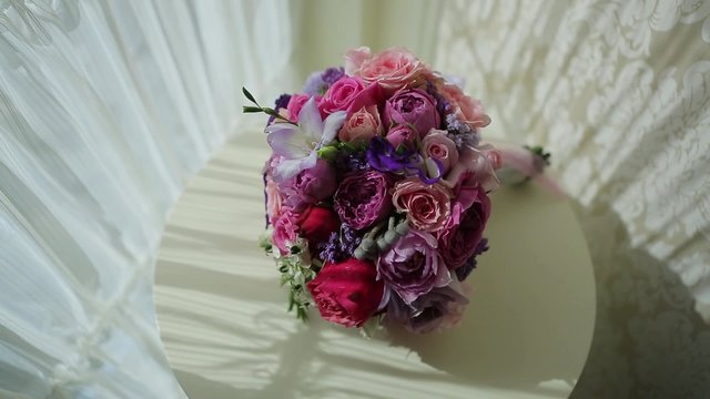 Tender bridal bouquet top view. Bride's bouquet. Wedding day. 