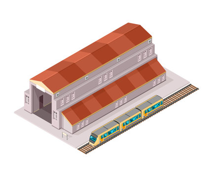 Isometric Train station - A vector illustration of an old style train station with stationary train.