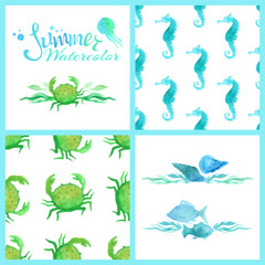 Set of watercolour marine seamless patterns, page decorations and dividers.