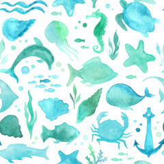 Seamless watercolor underwater life pattern.