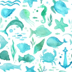 Behang Zeedieren Naadloze aquarel onderwater leven patroon.