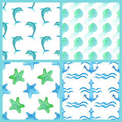 Naklejka premium Set of watercolor marine seamless patterns.