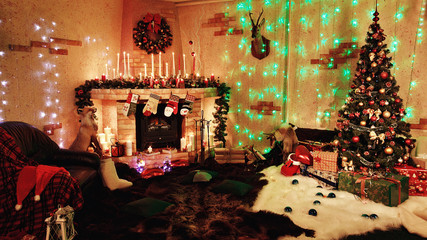 christmas interior with christmas tree, gifts, candels. Russian
