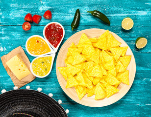 Plate of nachos with different dips