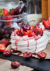  Pavlova meringue cake with fresh strawberry and cherry