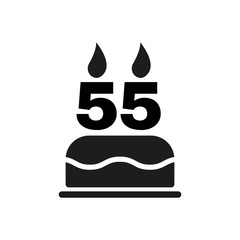 The birthday cake with candles in the form of number 55 icon. Birthday symbol. Flat