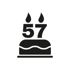 The birthday cake with candles in the form of number 57 icon. Birthday symbol. Flat