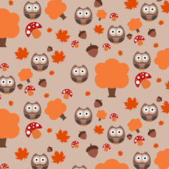 Autumn pattern, owl, tree, acorn, mushroom, illustrator