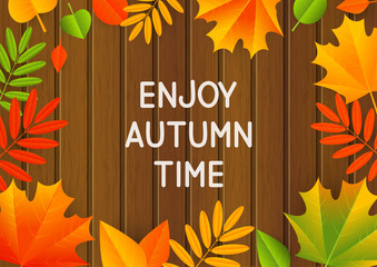 Autumn leaves on wooden background 