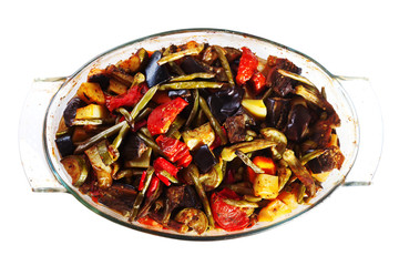 Casserole with eggplants, potatoes and zucchini