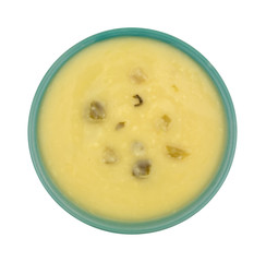 Bowl of cream of celery soup top view