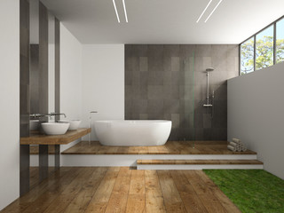 Fototapeta na wymiar Interior of the bathroom with grass floor 3D rendering