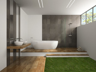 Fototapeta na wymiar Interior of the bathroom with grass floor 3D rendering