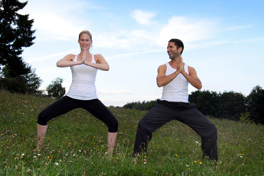 Frau und Mann beim Yoga auf grüner Wiese