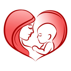 Mother with her baby, heart, outline vector silhouette.