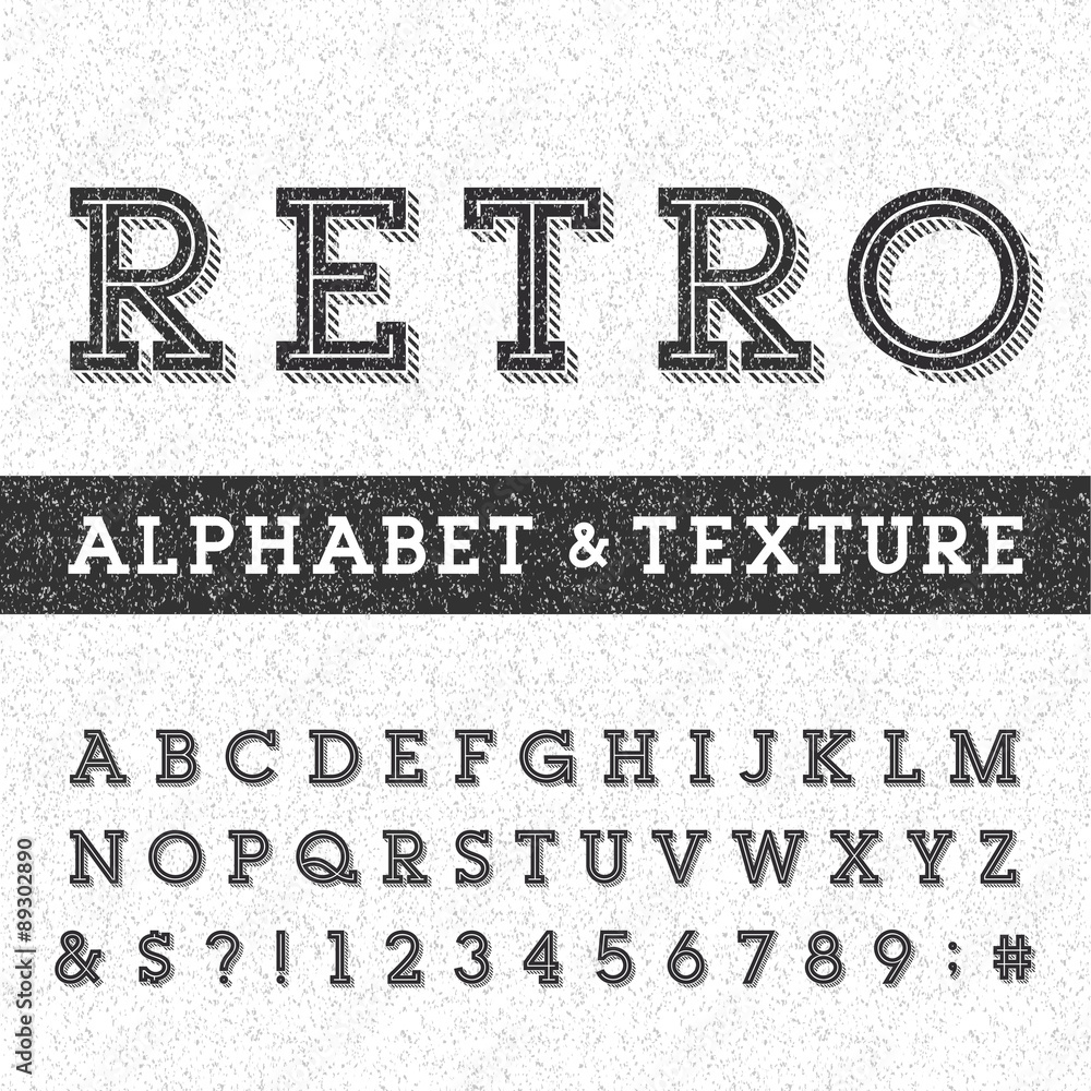 Fototapete retro alphabet vector font with distressed overlay texture. serif type letters, numbers and symbols 