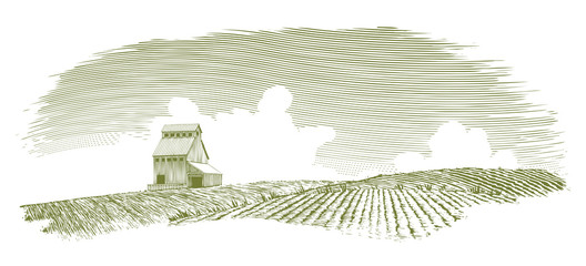 Woodcut Grain Elevator Landscape © blue67sign