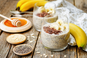 overnight banana oats quinoa Chia seed pudding decorated with ba