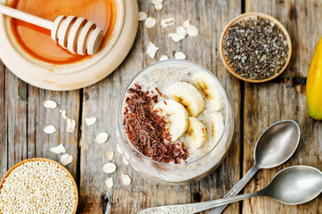 overnight banana oats quinoa Chia seed pudding decorated with ba