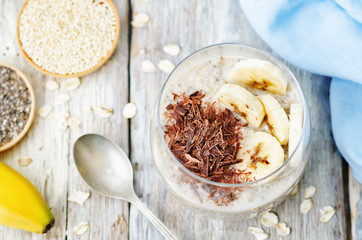 overnight banana oats quinoa Chia seed pudding decorated with ba