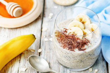 overnight banana oats quinoa Chia seed pudding decorated with ba