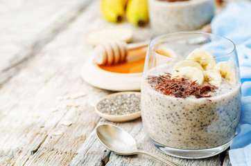 overnight banana oats quinoa Chia seed pudding decorated with ba