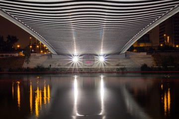 Night view of the Troja Bridge from the river Vltava, Trojsky most, Prague, Czech republic