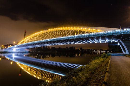 Night view of the Troja Bridge from the river Vltava, Trojsky most, Prague, Czech republic
