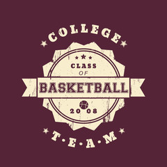 College Basketball Team vintage grunge t-shirt design, logo, vector illustration, eps10, easy to edit