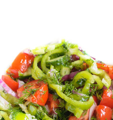 Tomato salad with green peppers and red onions.