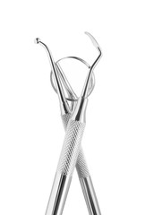 dental mirror and probe, set metal medical equipment tools for teeth dental care isolated on white background, with clipping path
