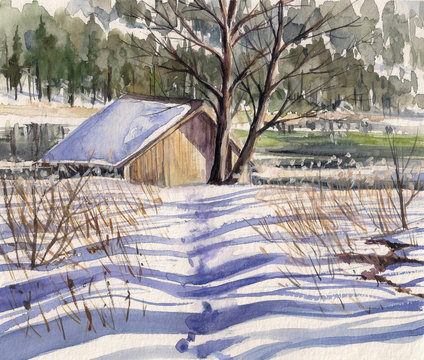 Watercolors painted winter landscape with small house close to lake and forest in background.