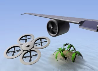 Fotobehang Drone vliegt bijna tegen vliegtuig vleugel aan © emieldelange