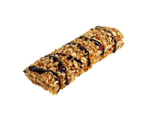 Healthy cereal bar with chocolate on a white background