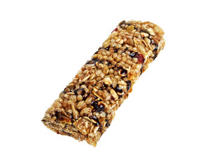 Healthy cereal bar with chocolate on a white background