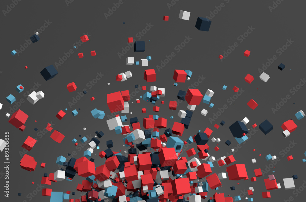 Poster abstract 3d rendering of flying cubes.