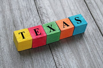 word Texas on colorful wooden cubes