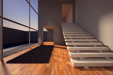 3 D render of modern living room.