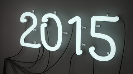 3D render of neon lights shaped in form of number 2015. Neon lights are illuminated and radiating bluish glow and color. Neon tubes are attached with metal holders to the wall. 
