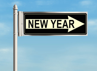 New Year. Road sign on the sky background. Raster illustration.
