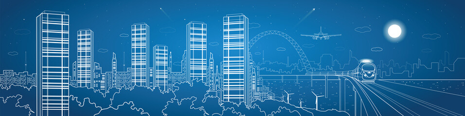 City and transport composition, vector lines landscape, night town, airplane fly