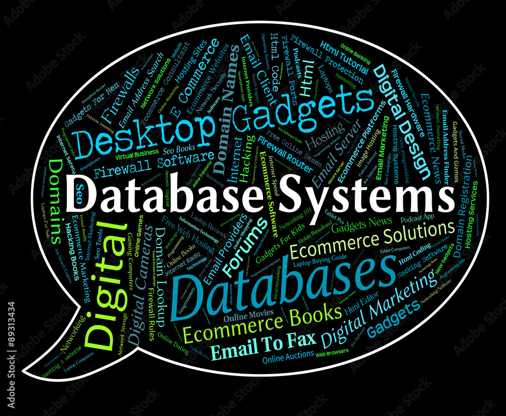 Poster database systems shows digital word and pc
