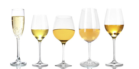 Wineglasses with different wine, isolated on white