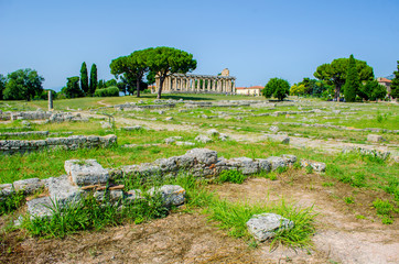 View over pile of stones situated in ancient ruin complex in Paestum