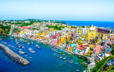 italian island procida is famous for its colorful marina, tiny narrow streets and many beaches...