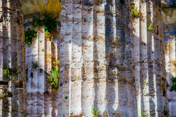 Detailed view of temple of Nettuno situated in ancient ruin complex in Paestum